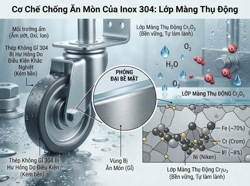Bánh xe càng inox 304 có ưu điểm gì về độ bền và chống gỉ?