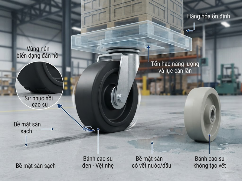 Bánh xe cao su phù hợp với mặt sàn và điều kiện vận hành nào?