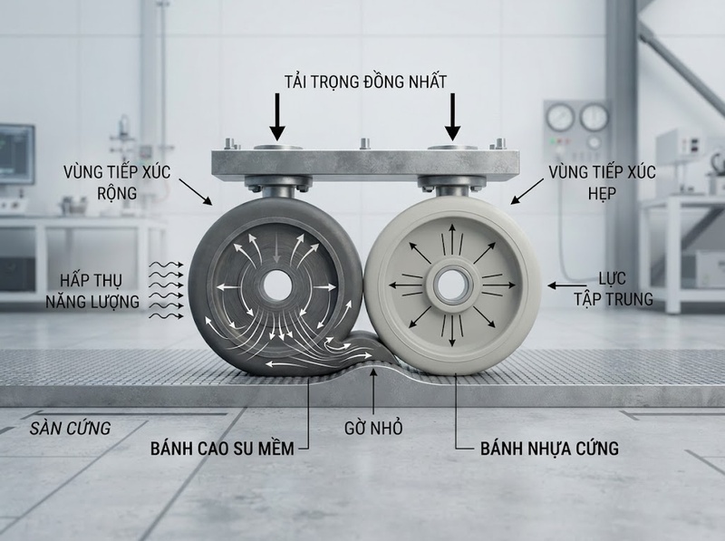 So sánh bánh xe cao su và nhựa về độ êm tải và mặt sàn