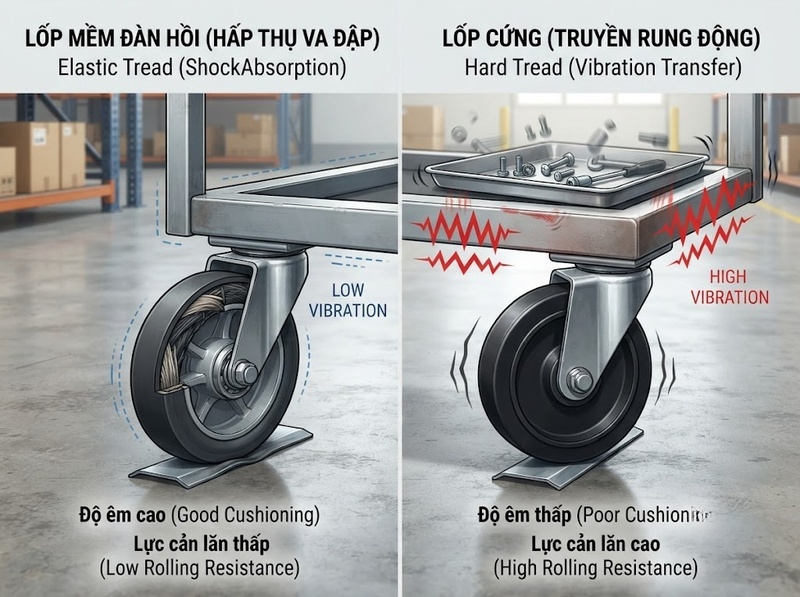 Bánh xe chạy êm giúp giảm tiếng ồn bằng vật liệu và kết cấu nào?