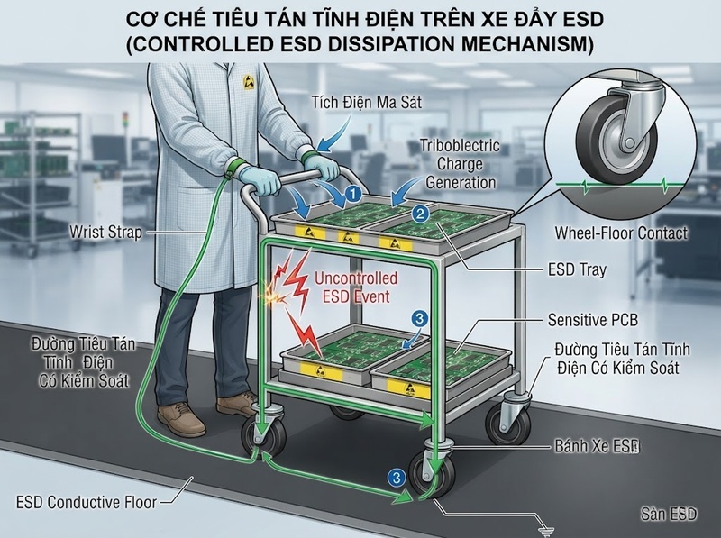 Bánh xe chống tĩnh điện kiểm soát điện tích trong môi trường nào?