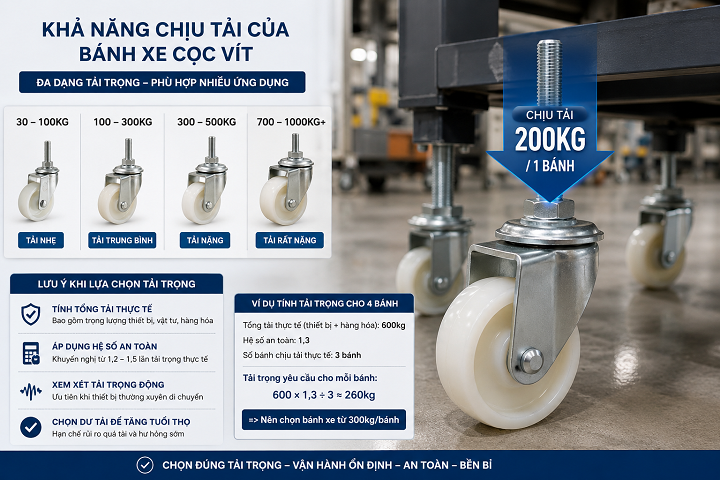 Bánh xe cọc vít chịu tải bao nhiêu kg
