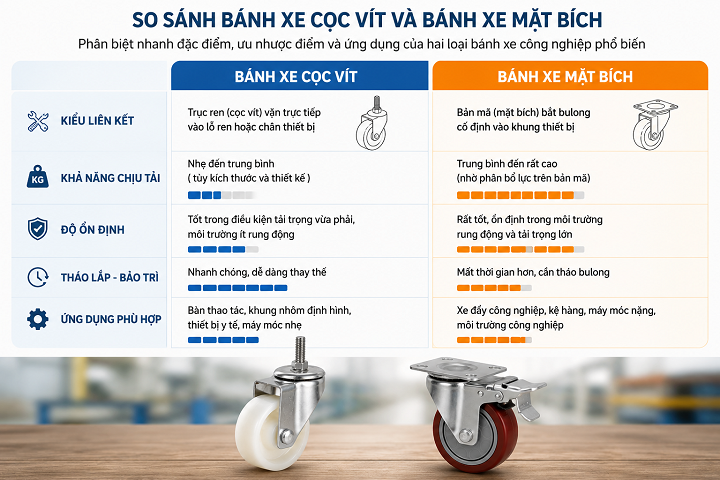 Bánh xe cọc vít và bánh xe mặt bích khác nhau như thế nào
