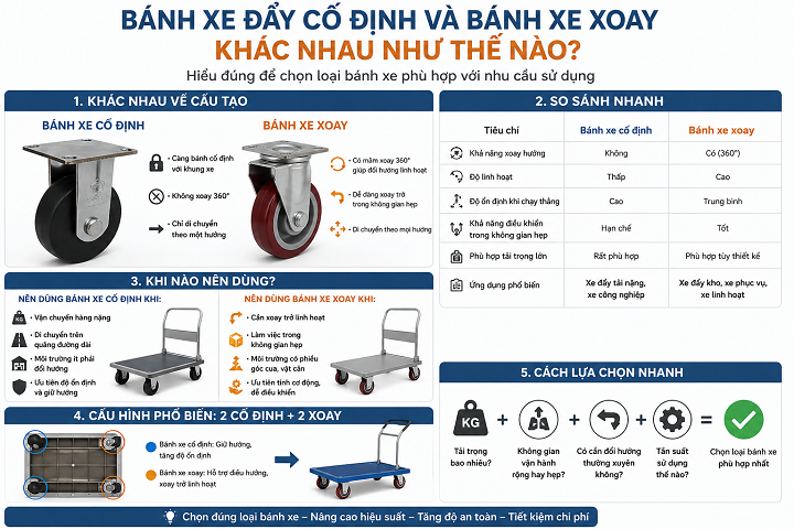 Bánh xe đẩy cố định và bánh xe xoay khác nhau như thế nào