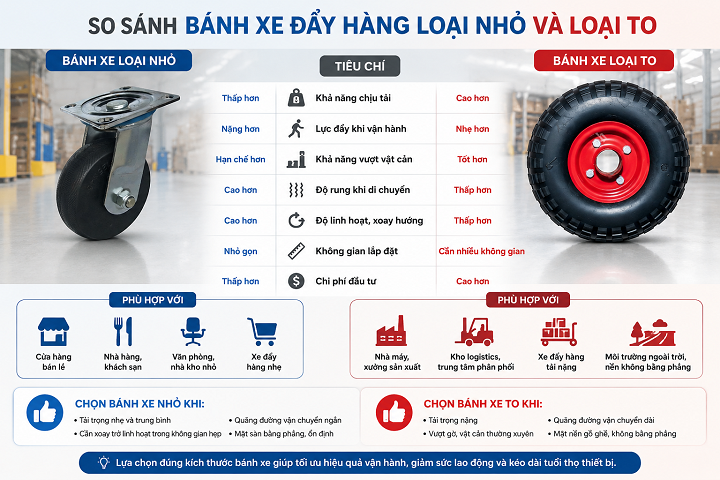 Bánh xe đẩy hàng loại to khác gì loại nhỏ