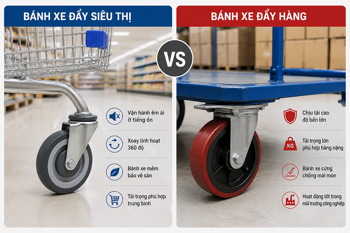 Bánh xe đẩy siêu thị và bánh xe đẩy hàng khác nhau thế nào