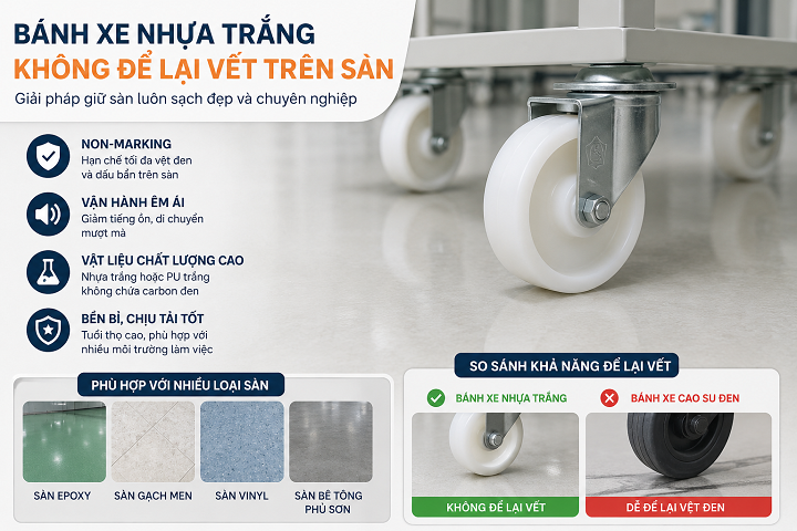 Bánh xe nhựa trắng có để lại vết trên sàn không