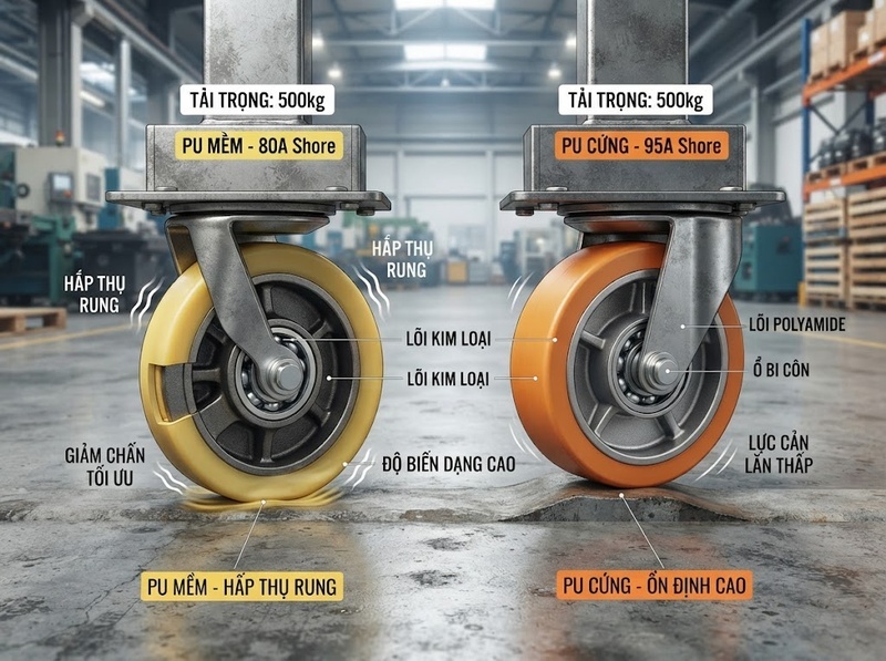 Bánh xe PU chịu lực dùng cho tải và thiết bị nào?