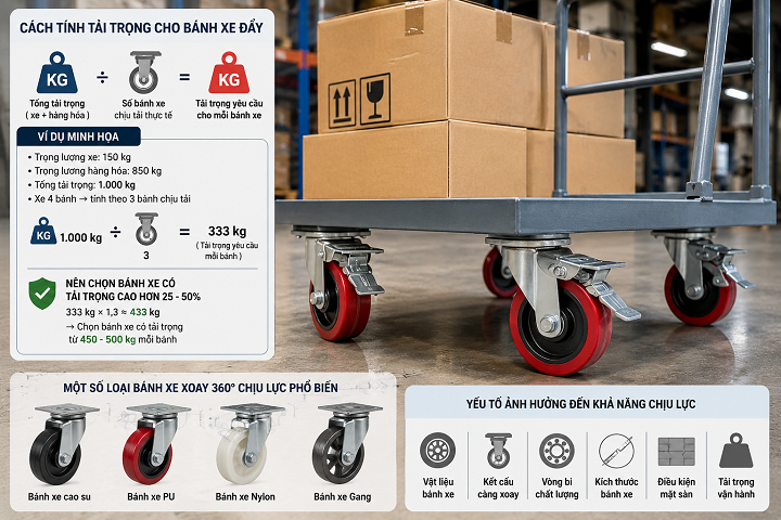 Bánh xe đẩy xoay 360 độ chịu được bao nhiêu kg