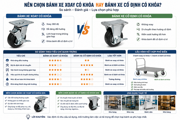 Nên chọn bánh xe xoay có khóa hay bánh xe cố định có khóa