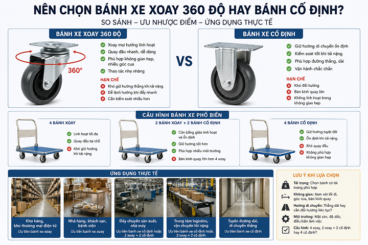Nên chọn bánh xe xoay 360 độ hay bánh cố định
