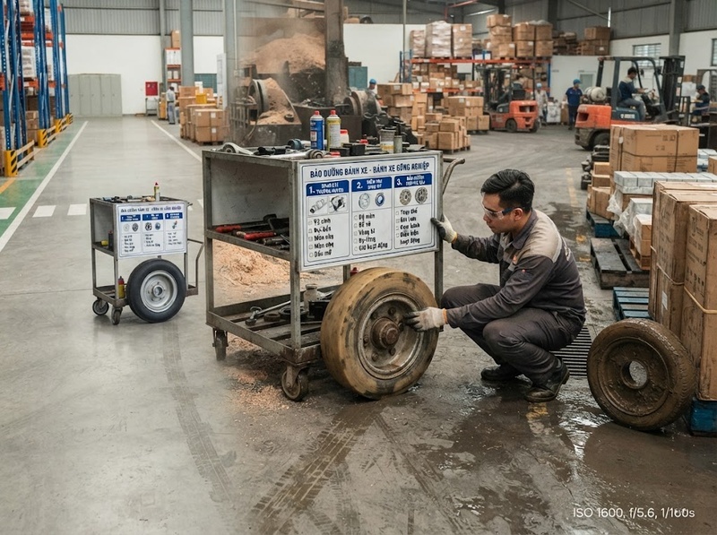 Bảo dưỡng bánh xe đẩy theo ổ bi trục càng và bề mặt bánh