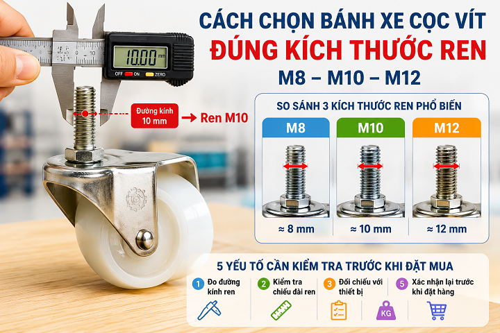Cách chọn bánh xe cọc vít đúng kích thước ren