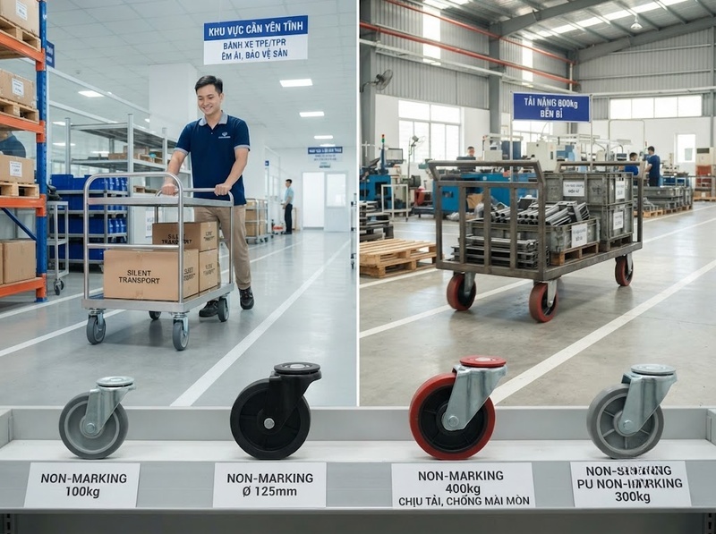 Loại bánh xe không để lại vết nào phù hợp với sàn sạch?