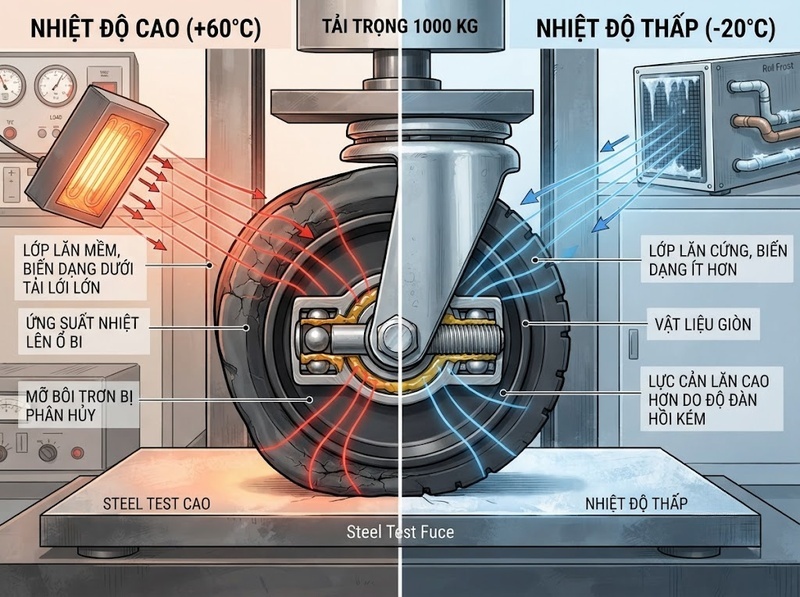 Chọn bánh xe theo nhiệt độ dựa trên vật liệu và tải cho phép