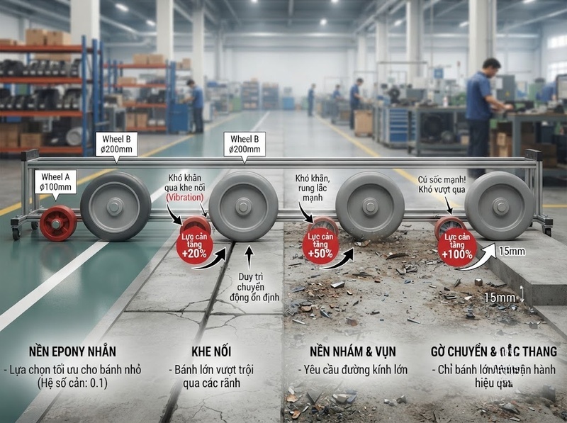 Chọn đường kính bánh xe dựa trên mặt sàn vật cản và lực đẩy