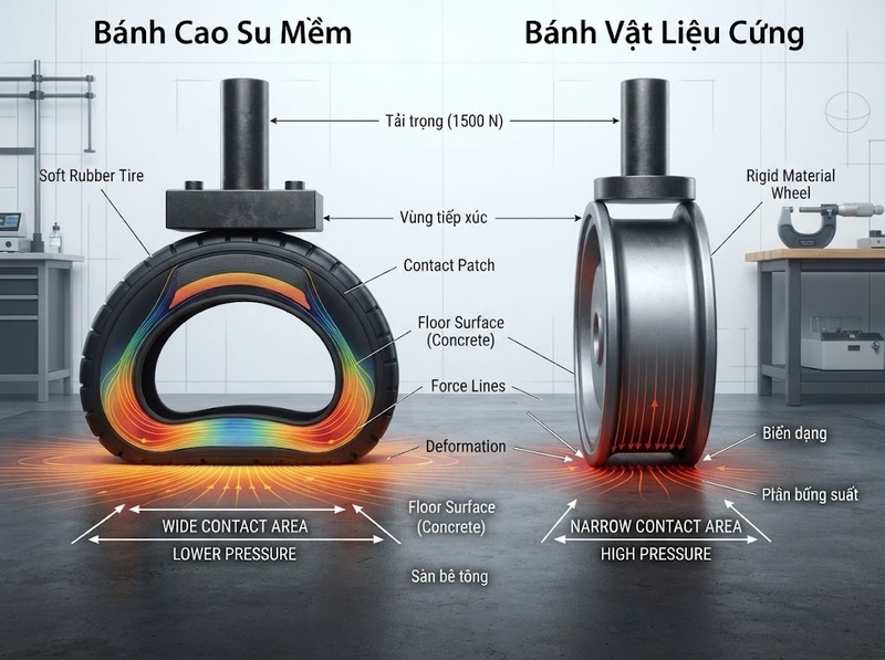 Độ cứng bánh xe tác động đến áp lực tiếp xúc và nguy cơ hư sàn