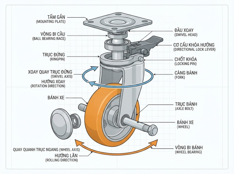 Khóa định hướng bánh xe biến bánh xoay thành bánh giữ hướng thế nào?