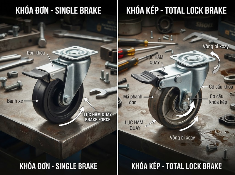 So sánh khóa đơn và khóa kép bánh xe theo cơ chế hãm