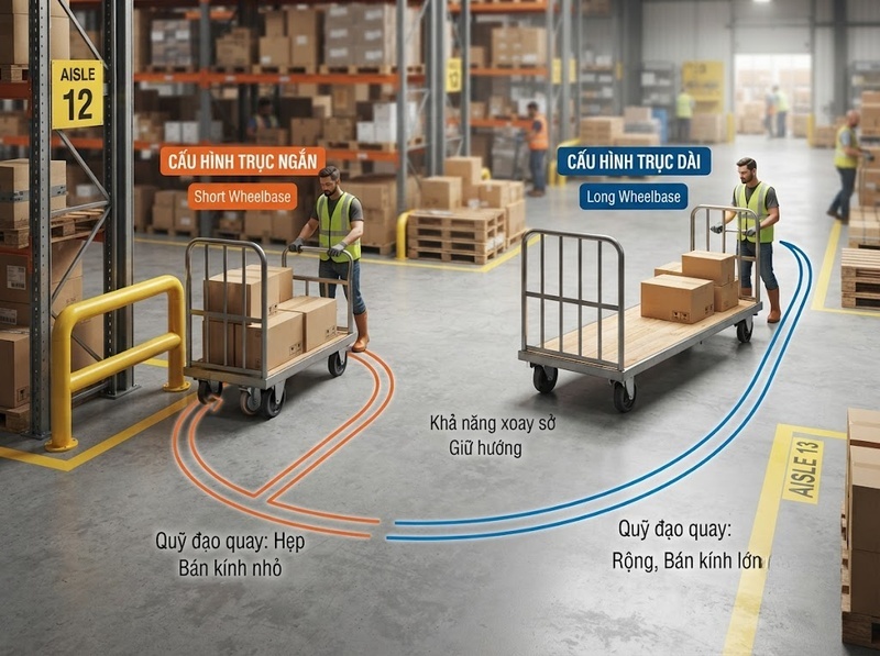 Khoảng cách bánh xe đẩy tác động đến bán kính quay và ổn định