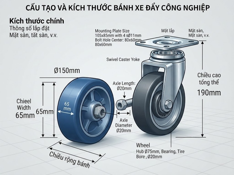 Cách xác định kích thước bánh xe đẩy qua đường kính rộng và cao