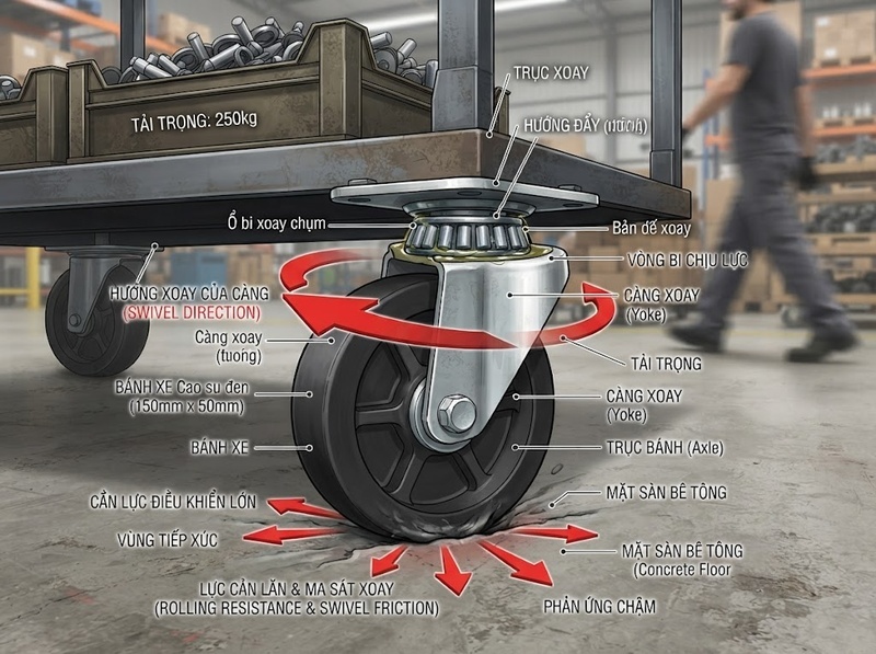 Lực cản xoay bánh xe đẩy quyết định khả năng đổi hướng ra sao?