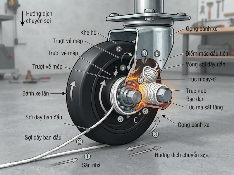 Nguyên nhân sợi quấn trục bánh xe đẩy và biện pháp phòng tránh