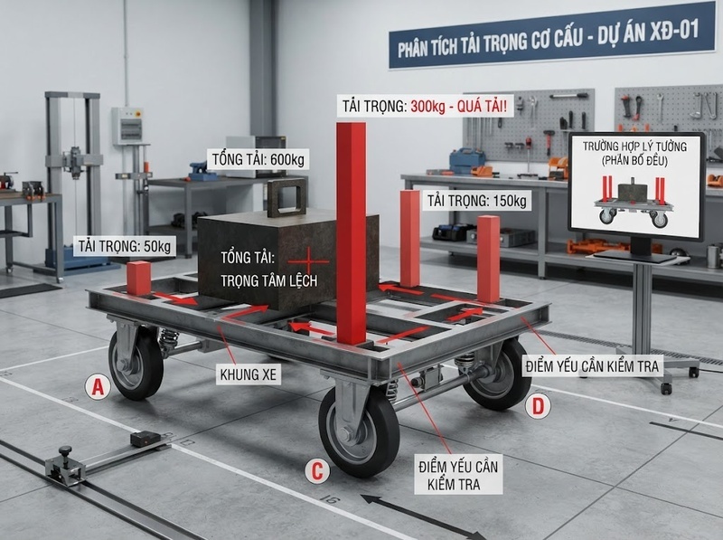 Tải phân bố tác động ra sao đến từng bánh xe đẩy?