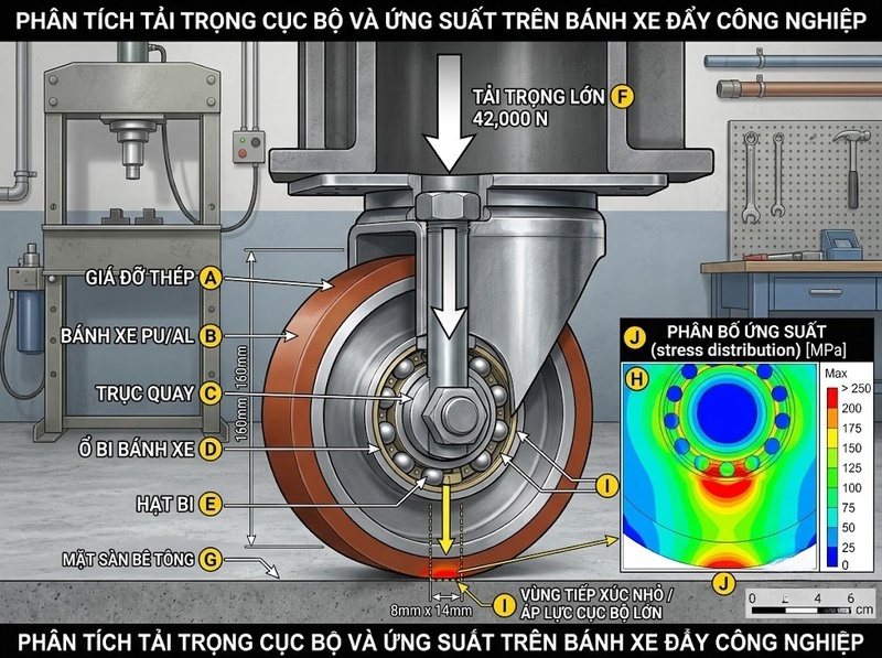 Tác động của tải tập trung lên bánh xe đẩy và kết cấu xe