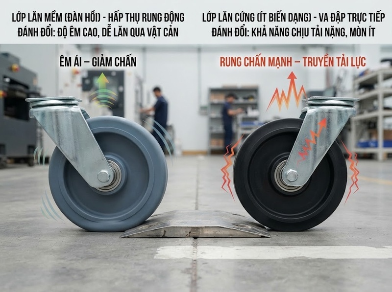 Tiếng ồn bánh xe đẩy phát sinh từ vật liệu ổ bi và mặt sàn