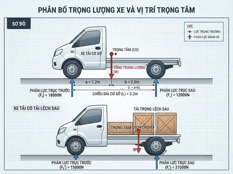 Xác định tải trọng thực tế bánh xe từ tải xe trọng tâm và điều kiện
