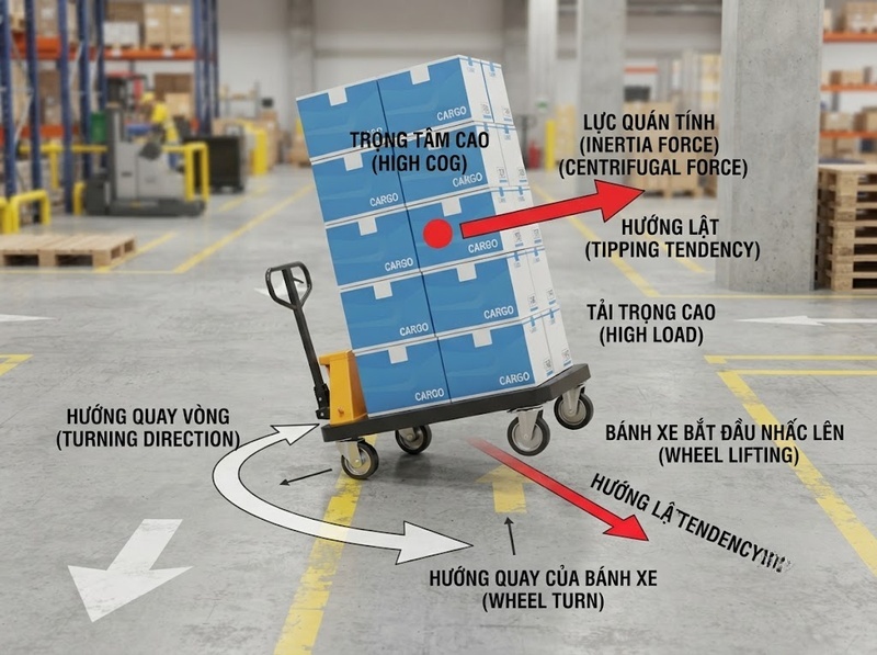 Xe đẩy mất ổn định khi vào cua do tốc độ trọng tâm và bánh xe