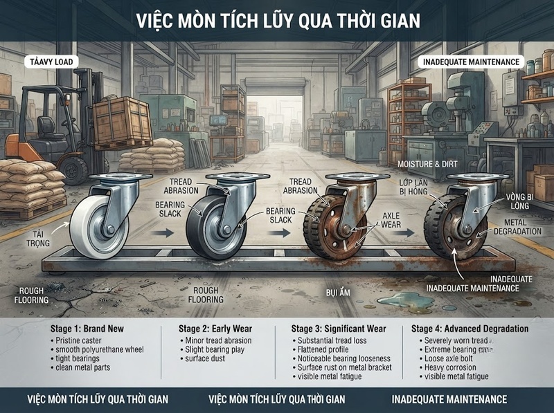 Tuổi thọ bánh xe đẩy phụ thuộc tải sàn môi trường và bảo dưỡng