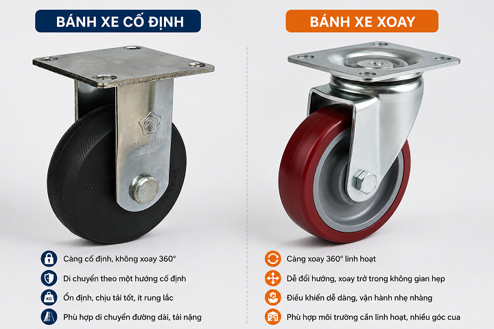 Bánh xe đẩy cố định và bánh xe xoay khác nhau như thế nào