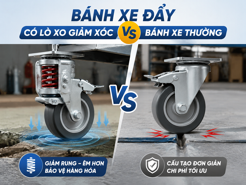 Bánh xe đẩy có lò xo giảm xóc khác bánh xe thường thế nào