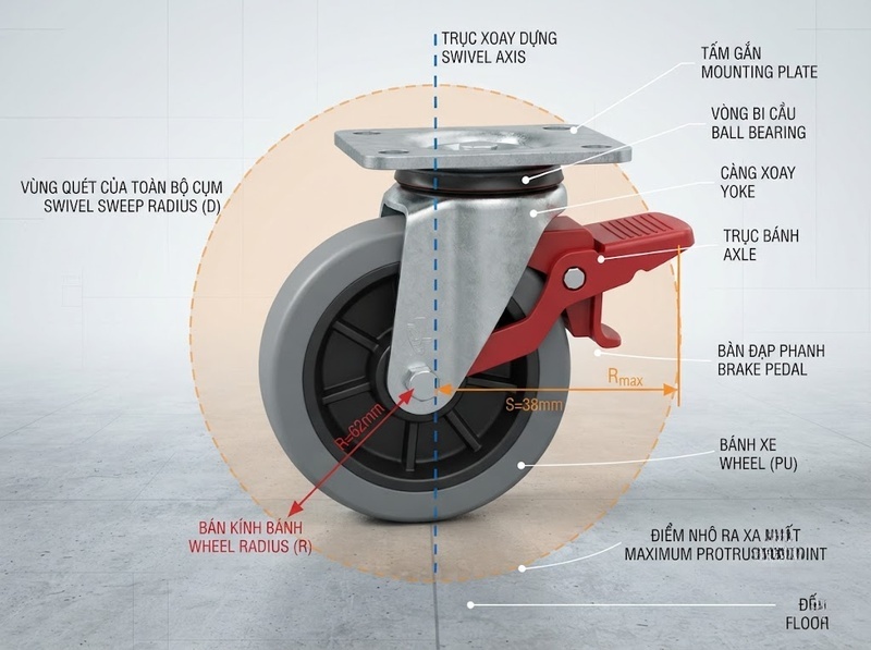 Cách xác định bán kính xoay bánh xe đẩy