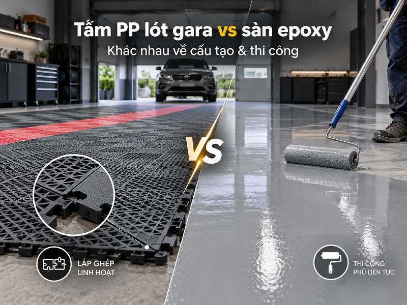 Tấm nhựa PP lót gara khác sàn epoxy về cấu tạo và thi công